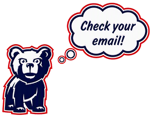 Rosco mascot with a speech bubble saying Check Your Email!