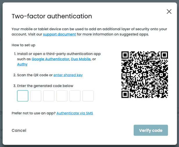 Screenshot of 2FA modal