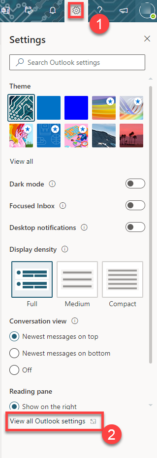 An screenshot highlighting the Gear and View all Outlook settings locations.