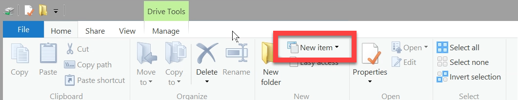 A file explorer window with the Home tab selected, highlighting the New Item button
