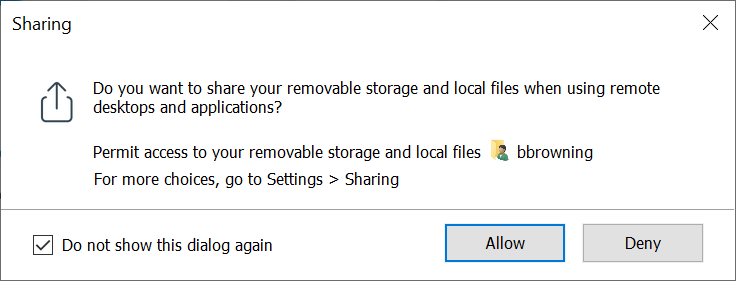 Dialog box requesting access to share files between your removable storage and local files and Horizon.