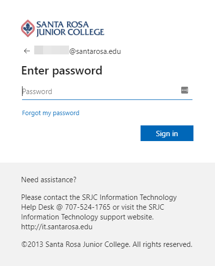 Outlook login page prompting for your SRJC email address and password.