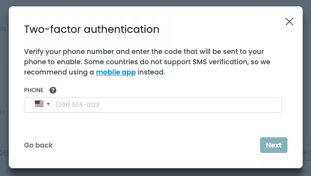 Screenshot of telephone number entry field in modal.