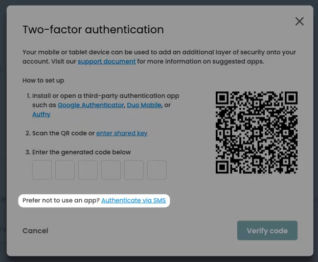 Screenshot of 2FA modal, with SMS Authentication link highlighted.