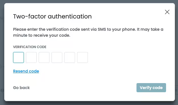 Screenshot of verification code modal, with link to resend code below code fields.