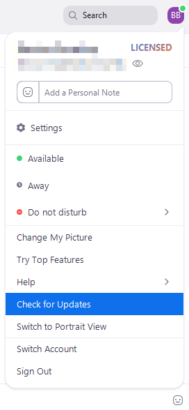 Check For Updates option within Zoom Profile Menu