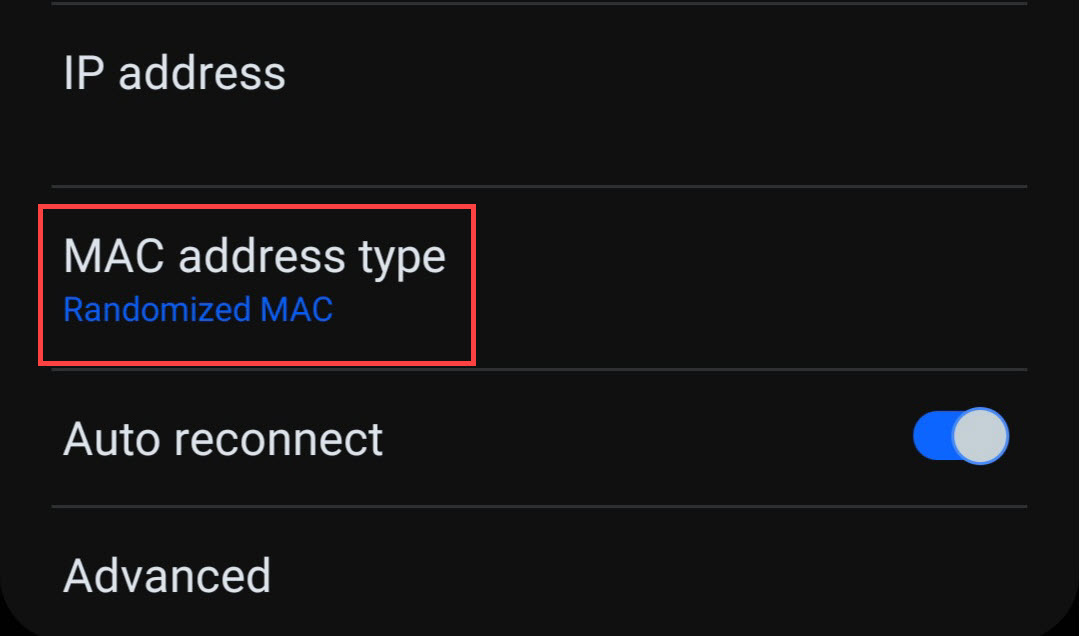 image showing location of MAC address type option