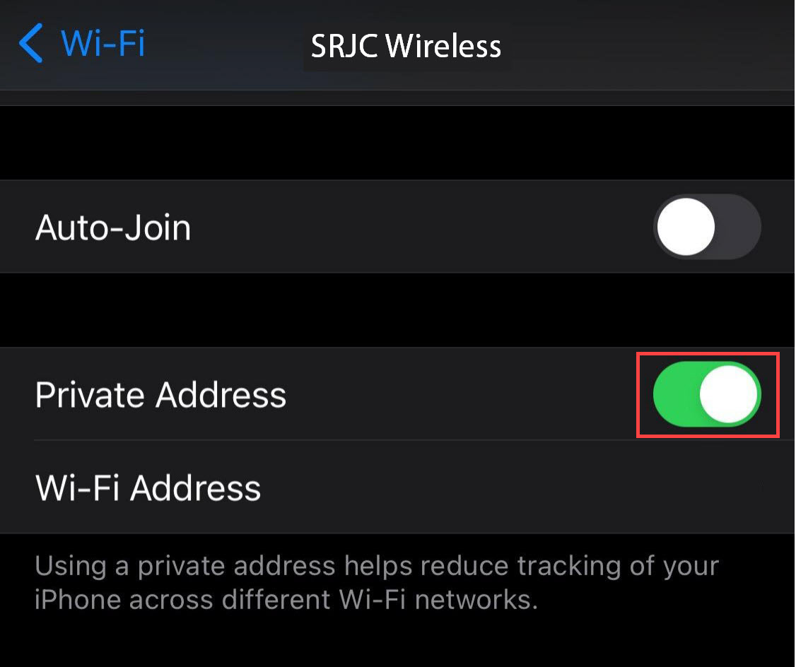 Location of the private network settings option