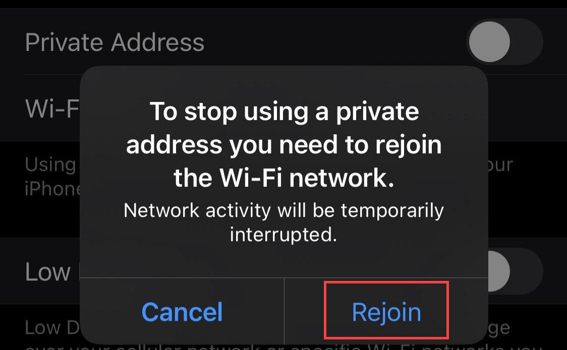 window requesting rejoin of network to disable private network setting